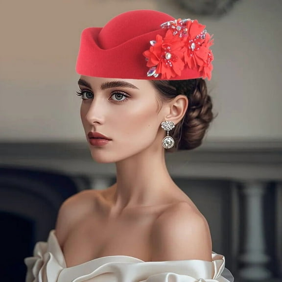 Retro Felt Headscarf Hat Women's Church Derby Headdress with Floral Soft Beret