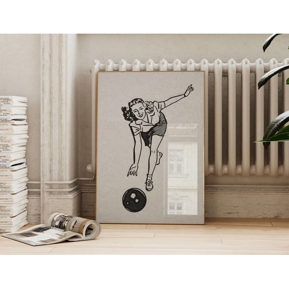 Retro Feminine Game Rec Woman Bowling Black Vintage Alley Halftone Salt Place Poster, Living Room And Gallery Wall Decor