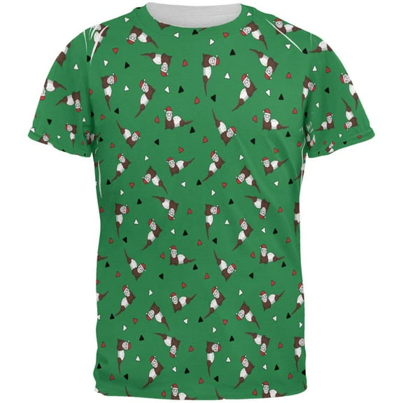 Retro Ferry Merry Christmas Ferret Pattern All Over Mens T Shirt Green MD