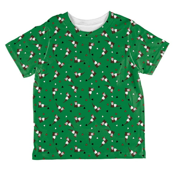 Retro Ferry Merry Christmas Ferret Pattern All Over Toddler T Shirt Green 6T