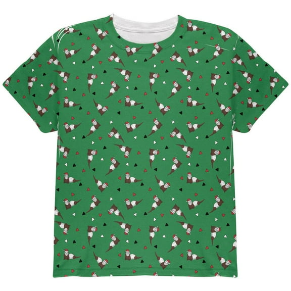 Retro Ferry Merry Christmas Ferret Pattern All Over Youth T Shirt Green YXL