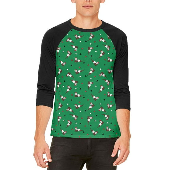 Retro Ferry Merry Christmas Ferret Pattern Mens Raglan T Shirt Green X-LG