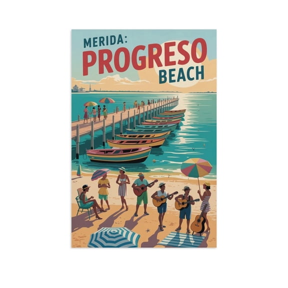 Retro Festival Wall Art Progreso Beach Merida Mexico Vintage Coastal Travel Poster Seaside Celebration Mid Century Print Print Poster