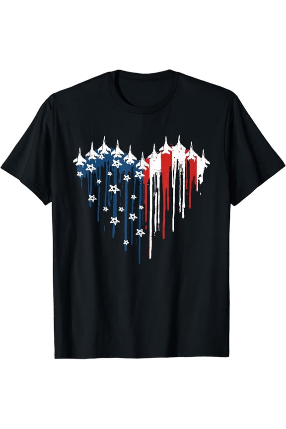 Retro Fighter Jet Airplane American Flag Heart 4th Of July T-Shirt