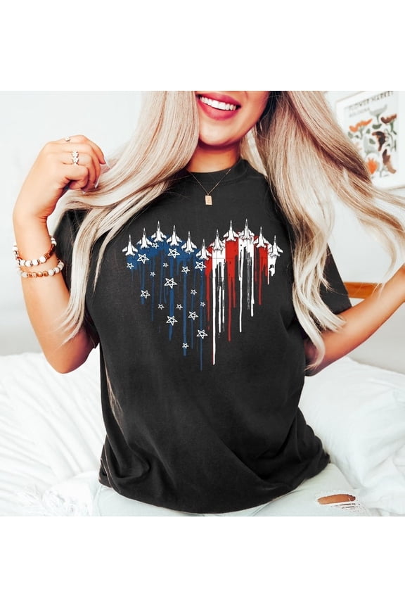 Retro Fighter Jet American Flag Heart T-Shirt – 4th of July Patriotic Air Force Flyover Tee