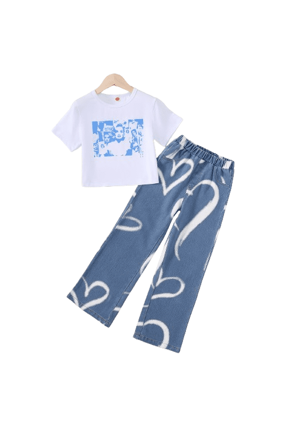 Retro Figure Print 2pcs Girl's Short Sleeve T-Shirt Top + Heart Pattern Jeans Casual Pants Set, Summer Girls Outfit Sizes 7-14