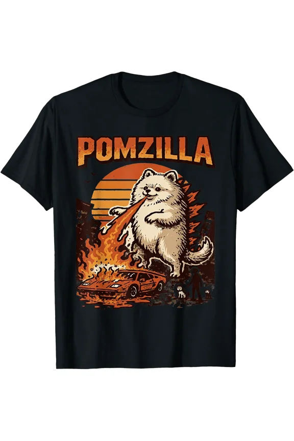 Retro Fire-Breathing Dog Monster City T-Shirt for Pomeranian Lovers