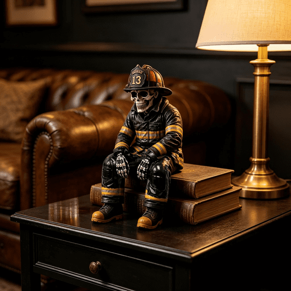 Retro Firefighter Skeleton Shelf Sitter Resin Figurine, Fireman Tribute Mini Statue Ornament for Bookshelf Desk Table Decor (4.72in)