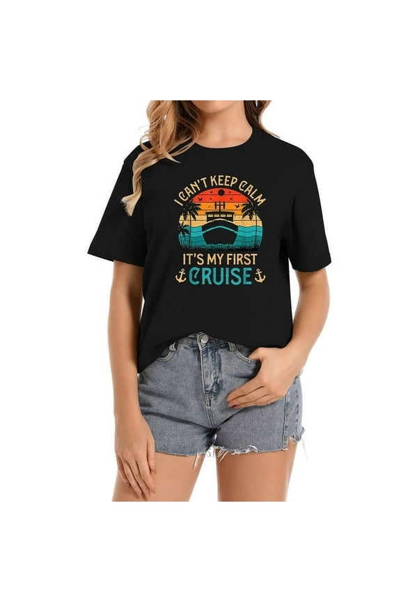 Retro First Cruise Vacation T-Shirt I Can't Keep Calm Nautical Ship Sunset Graphic Tee for Men and Women Travel Apparel