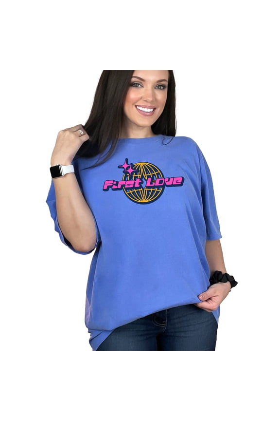 Retro First Love Logo T-Shirt, Vintage Inspired Graphic Tee, Cool Retro Design Shirt, Unique Gift for Him Her, Unisex Casual Top, Flo Blue Comfort Colors T-Shirt, Small