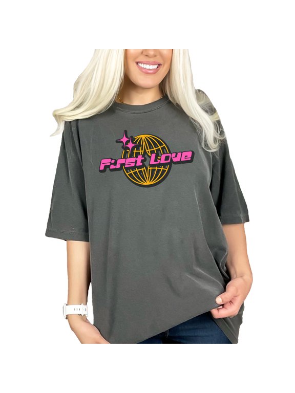 Retro First Love Logo T-Shirt, Vintage Inspired Graphic Tee, Cool Retro Design Shirt, Unique Gift for Him Her, Unisex Casual Top, Pepper Comfort Colors T-Shirt, Small