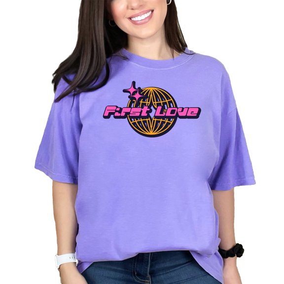 Retro First Love Logo T-Shirt, Vintage Inspired Graphic Tee, Cool Retro Design Shirt, Unique Gift for Him Her, Unisex Casual Top, Violet Comfort Colors T-Shirt, Small