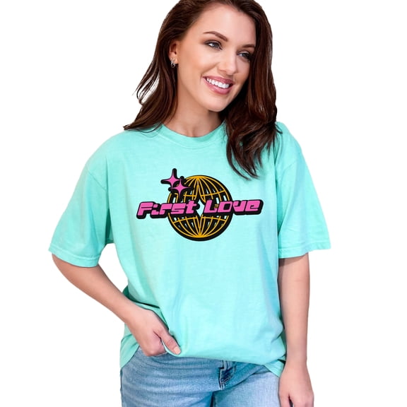 Retro First Love T Shirt, Nostalgic Heart Graphic Tee, Cute Kawaii Shirt, Trendy 90s Aesthetic Top, Sweet Romantic Gift, Chalky Mint Comfort Colors T-Shirt, Medium