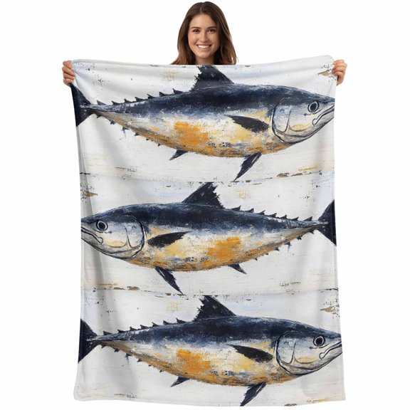 Retro Fish Coastal Blanket Soft Cozy Warm Throw Blanket for Couch, Plush Fuzzy Flannel Fleece Blankets for Sofa, Summer Beach Nautical Ocean Bed Blankets Lightweight Gifts for Women, 50"x60"