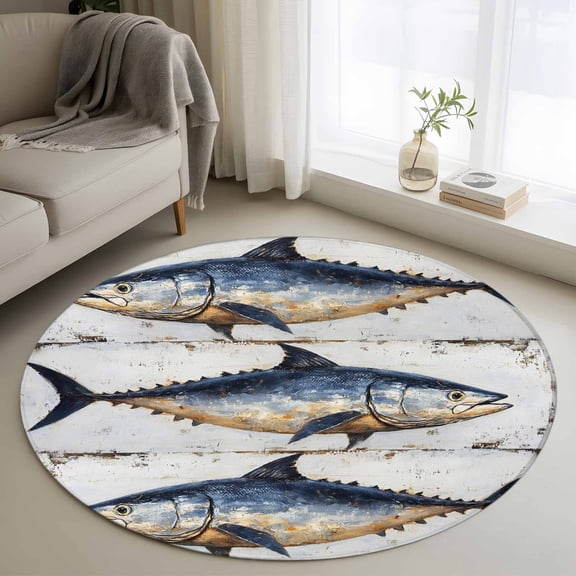Retro Fish Coastal Round Rug 3ft Washable Circle Entryway Rugs Non Slip Summer Beach Nautical Ocean Vintage Area Rug Indoor Floor Carpet for Bedroom Kitchen Living Room Home Office Dining Room