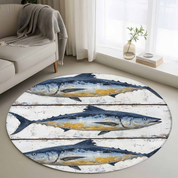 Retro Fish Coastal Round Rug 3ft Washable Circle Entryway Rugs Non Slip Vintage Summer Beach Nautical Ocean Area Rug Indoor Floor Carpet for Bedroom Kitchen Living Room Home Office Dining Room
