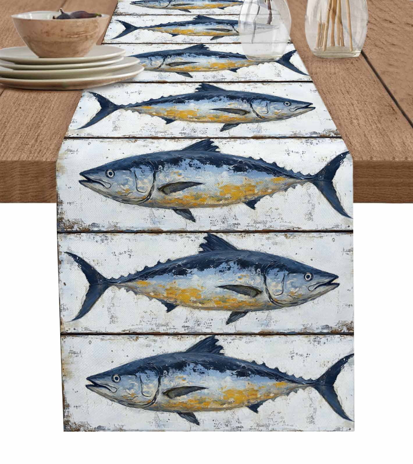 Retro Fish Coastal Table Runner 120 Inches, Vintage Summer Beach ...