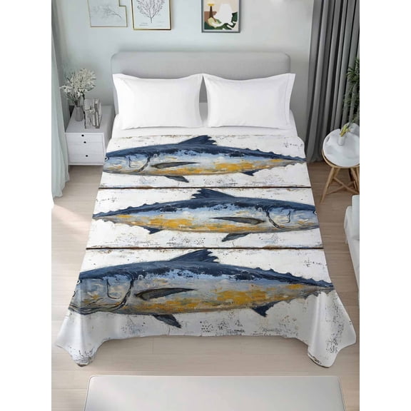 Retro Fish Coastal Twim Size Flat Sheet, Wrinkleproof & Fadeproof Cooling Flat Bed Sheet Only, Vintage Summer Beach Nautical Ocean Breathable Soft Bedding Top Sheets 66 x 96 Inches