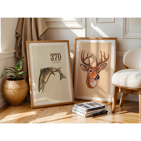 Retro Fish Deer Art Outdoors Art Fishing Hunting Wall Decor Outdoorsman Set 2 Unframed Paper Print 8x12