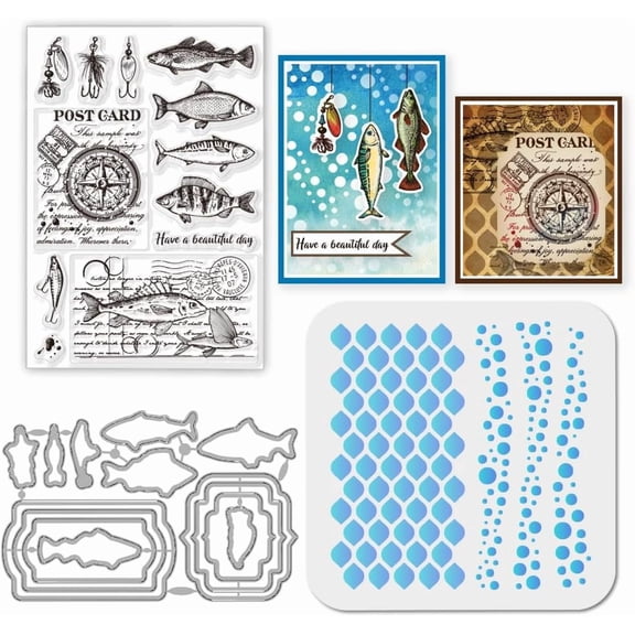 Retro Fish Label Clear Stamp Vintage Fish Cutting Die Ocean PET Paint Craft Template Stencils Set DIY