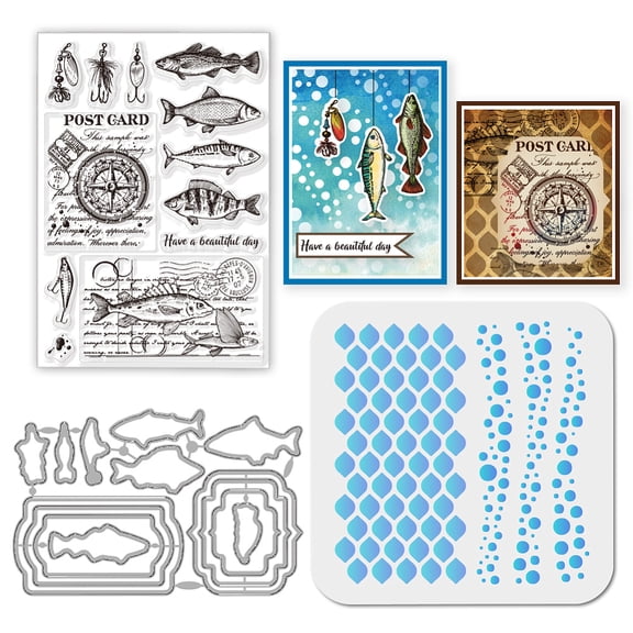 Retro Fish Label Clear Stamp Vintage Fish Cutting Die Ocean PET Paint Craft Template Stencils Set