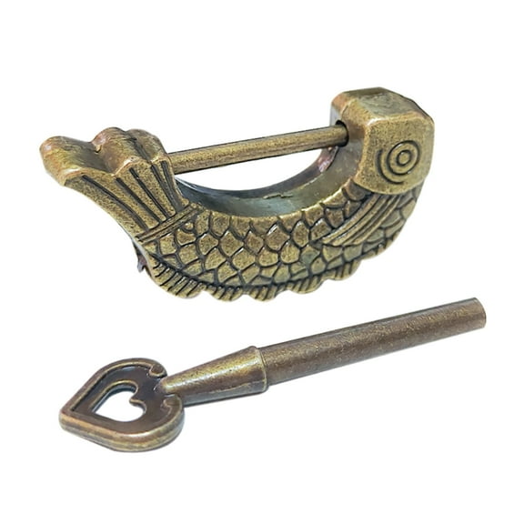 Retro Fish Pattern Padlock Bronze Metal Lock Square for Drawers & Jewelry Boxes