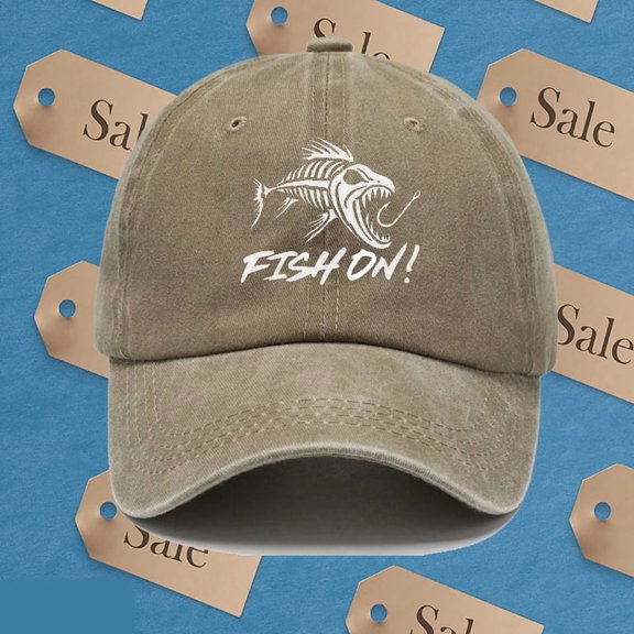 Retro Fishing Cap Retro Fishing Graphic Baseball Cap for Men Adjustable Lightweight Viscose Rayon Hat, Breathable SixPanel Design with "Fish On!" Print, Multiple Colors Available, Outdoor Fishin
