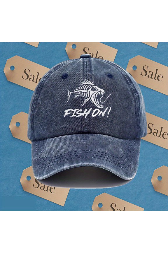 Retro Fishing Cap Retro Fishing Graphic Baseball Cap for Men Adjustable Lightweight Viscose Rayon Hat, Breathable SixPanel Design with "Fish On!" Print, Multiple Colors Available, Outdoor Fishin
