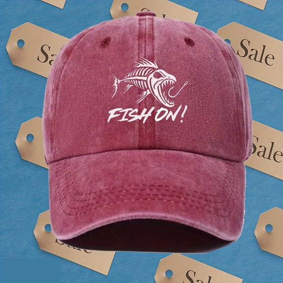Retro Fishing Cap Retro Fishing Graphic Baseball Cap for Men Adjustable Lightweight Viscose Rayon Hat, Breathable SixPanel Design with "Fish On!" Print, Multiple Colors Available, Outdoor Fishin