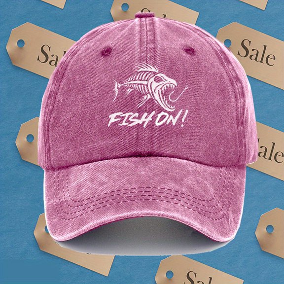 Retro Fishing Cap Retro Fishing Graphic Baseball Cap for Men Adjustable Lightweight Viscose Rayon Hat, Breathable SixPanel Design with "Fish On!" Print, Multiple Colors Available, Outdoor Fishin