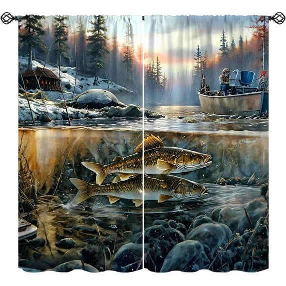 Retro Fishing Curtains Vintage Rustic Cabin Forest Nature Art Fisherman Blackout Window Treatment for Bedroom Living Room Decor Window Drapes 84" W X 84" L