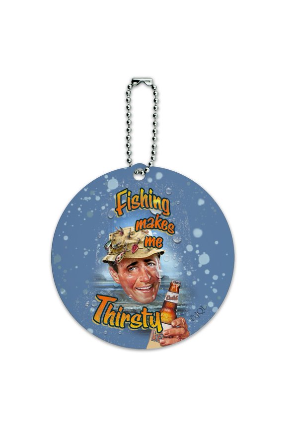 Retro Fishing Makes Me Thirsty Round Luggage ID Tag Card Suitcase Carry-On