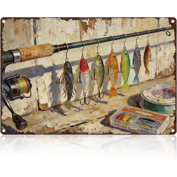 Retro Fishing Rod Bait Metal Tin Sign Wall Decor 8 x 12 Rustic Poster for Tackle Shop Farmhouse Home Outdoor Garden Angling Lovers Gift