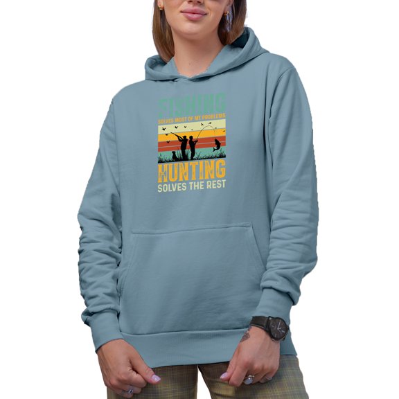 Retro Fishing Solves Most of My Problems, Hunting Solves the Rest, Fisherman Hunter, Light Blue Hooded Sweatshirt or Hoodie, Small