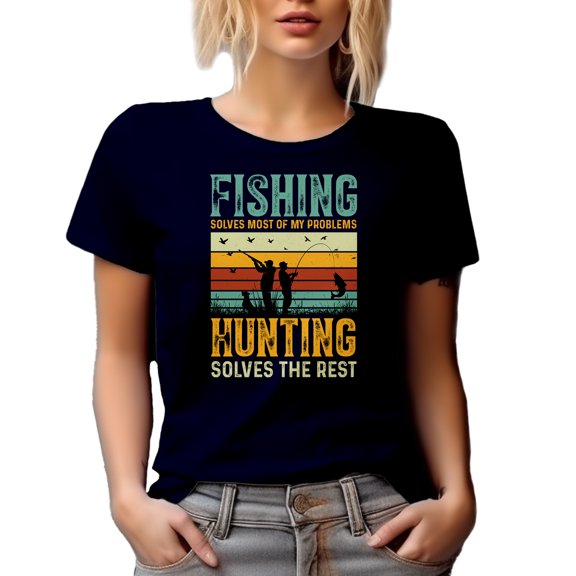 Retro Fishing Solves Most of My Problems, Hunting Solves the Rest - Fisherman Hunter, Navy Blue T-Shirt, XL