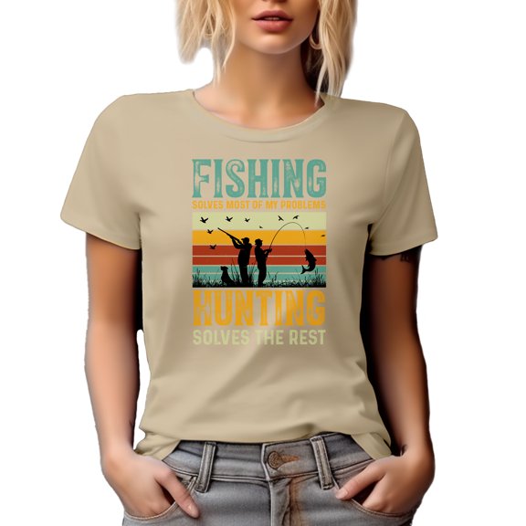 Retro Fishing Solves Most of My Problems, Hunting Solves the Rest, Fisherman Hunter, Tan T-Shirt, Large