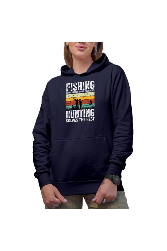 Retro Fishing Solves Most of My Problems, Hunting, the Rest - Fisherman Hunter, Navy Blue Hooded Sweatshirt or Hoodie, 3XL