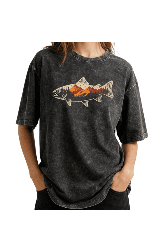 Retro Fishing Trout Fish Mountain Forest Wash Print Tshirt S-2XL Vintage Black Graphic Tees Gift Shirts for Angler Tops