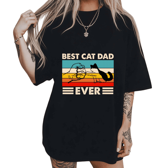Retro Fist Bump Best Cat Dad Print Tshirt Black S-5XL Playful Cat Lover Graphic Tees Shirts Tops