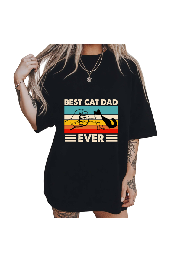 Retro Fist Bump Best Cat Dad Print Tshirt Black S-5XL Playful Cat Lover Graphic Tees Shirts Tops