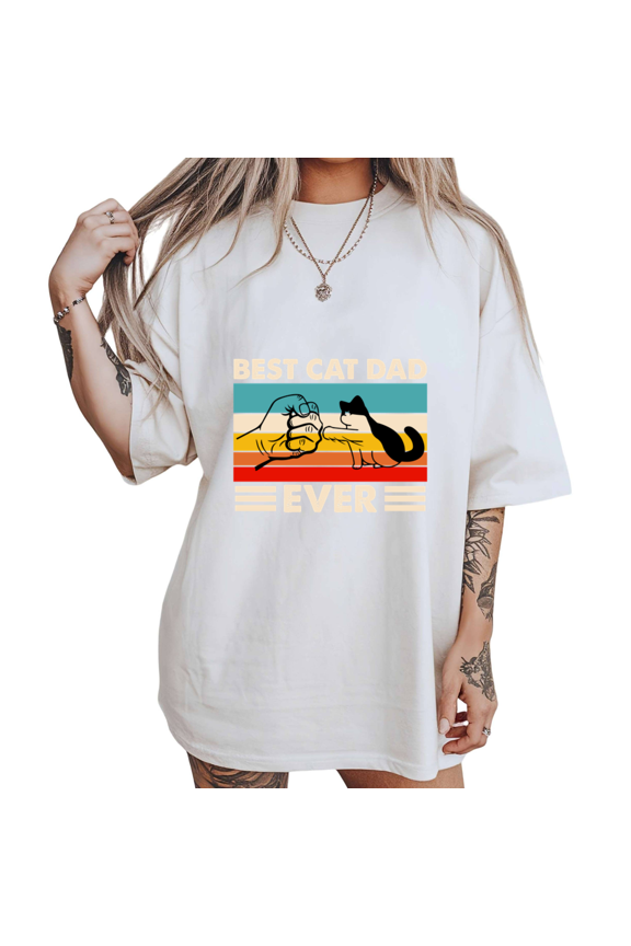 Retro Fist Bump Best Cat Dad Print Tshirt White S-5XL Playful Cat Lover Graphic Tees Shirts Tops