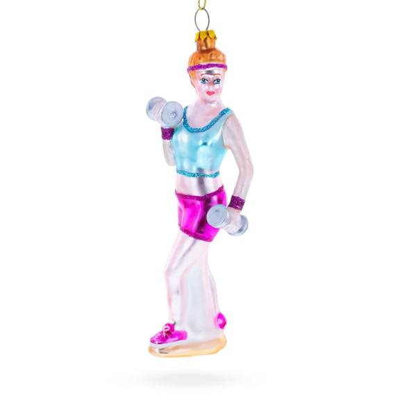 Retro Fitness Weightlifter Glass Christmas Ornament