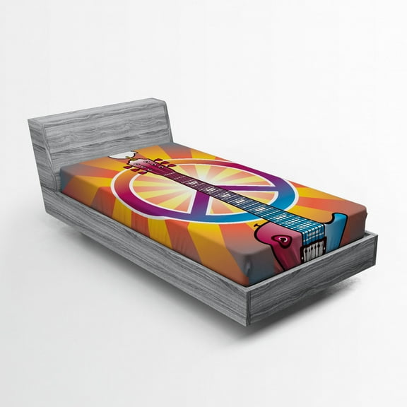 Ambesonne Hippie Fitted Sheet, Guitar Peace, Twin XL Size, Multicolor