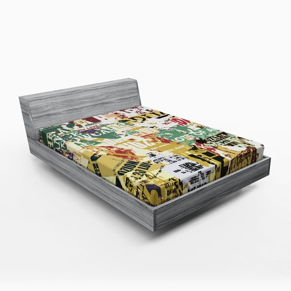Retro Fitted Sheet, Grunge Style Collage Print of Old Torn Posters Magazines Newspapers Paper Art Print, Soft Decorative Fabric Bedding, Queen Size, Multicolor, by Ambesonne