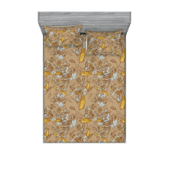 Retro Fitted Sheet & Pillow Sham Set, Flowers and Leaves Illustration in Warm Colors Floral Concept Art, Decorative Printed 3 Piece Bedding Decor, Full, Dark Mustard and Sand Brown, by Ambesonne