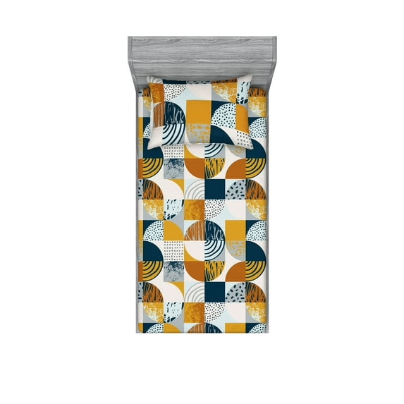 Retro Fitted Sheet & Pillow Sham Set, Grunge Pattern Quarter Circles Illustration in Geometric Style Art, Decorative Printed 2 Piece Bedding Decor, Twinxl, Dark Yellow Orange and Blue, by Ambesonne