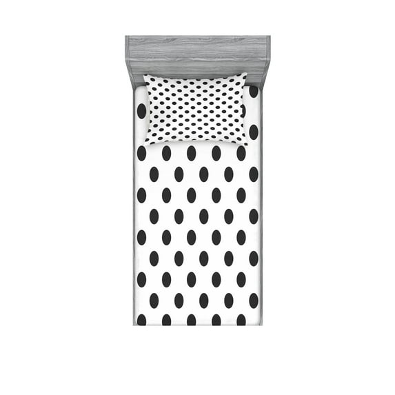 Retro Fitted Sheet & Pillow Sham Set, Nostalgic Polka Dots Pattern with Large Round Circles Minimalist Modern Art Print, Decorative 4 Piece Bedding Decor Set, Twinxl, Charcoal Grey, by Ambesonne