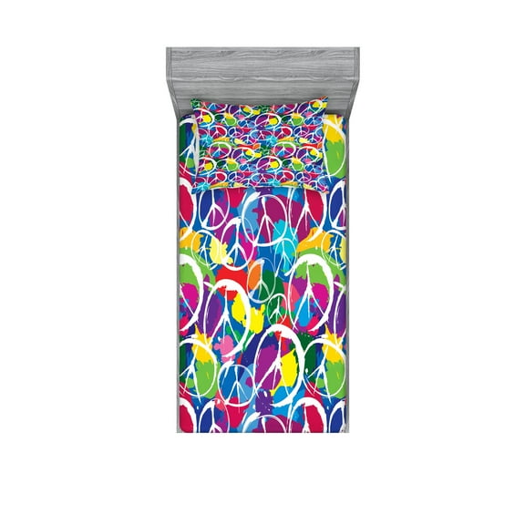 Retro Fitted Sheet & Pillow Sham Set, Universal Peace Sign on Colorful Pop Art Style Background Pacifist Activism, Decorative Printed 4 Piece Bedding Decor Set, Twin, Multicolor, by Ambesonne