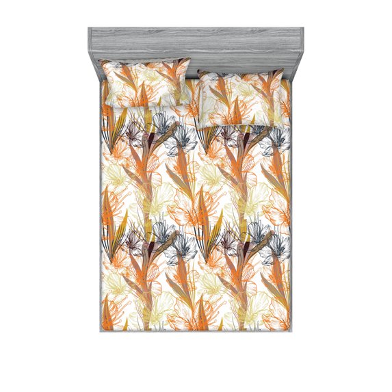 Retro Fitted Sheet & Pillow Sham Set, Vintage Botanical Nostalgia of Lily Blossoms and Leaves Nature Print, Decorative Printed 3 Piece Bedding Decor, Queen, Orange Umber and Khaki, by Ambesonne