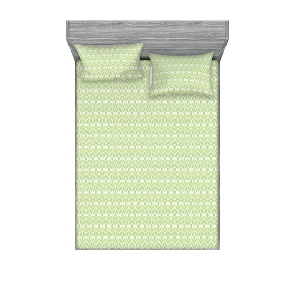 Retro Fitted Sheet & Pillow Sham Set, Vintage Leaf Pattern with 80s Vibes Nostalgic Positive Hippie Hues, Decorative Printed 3 Piece Bedding Decor, King, Pastel Green and Off White, by Ambesonne